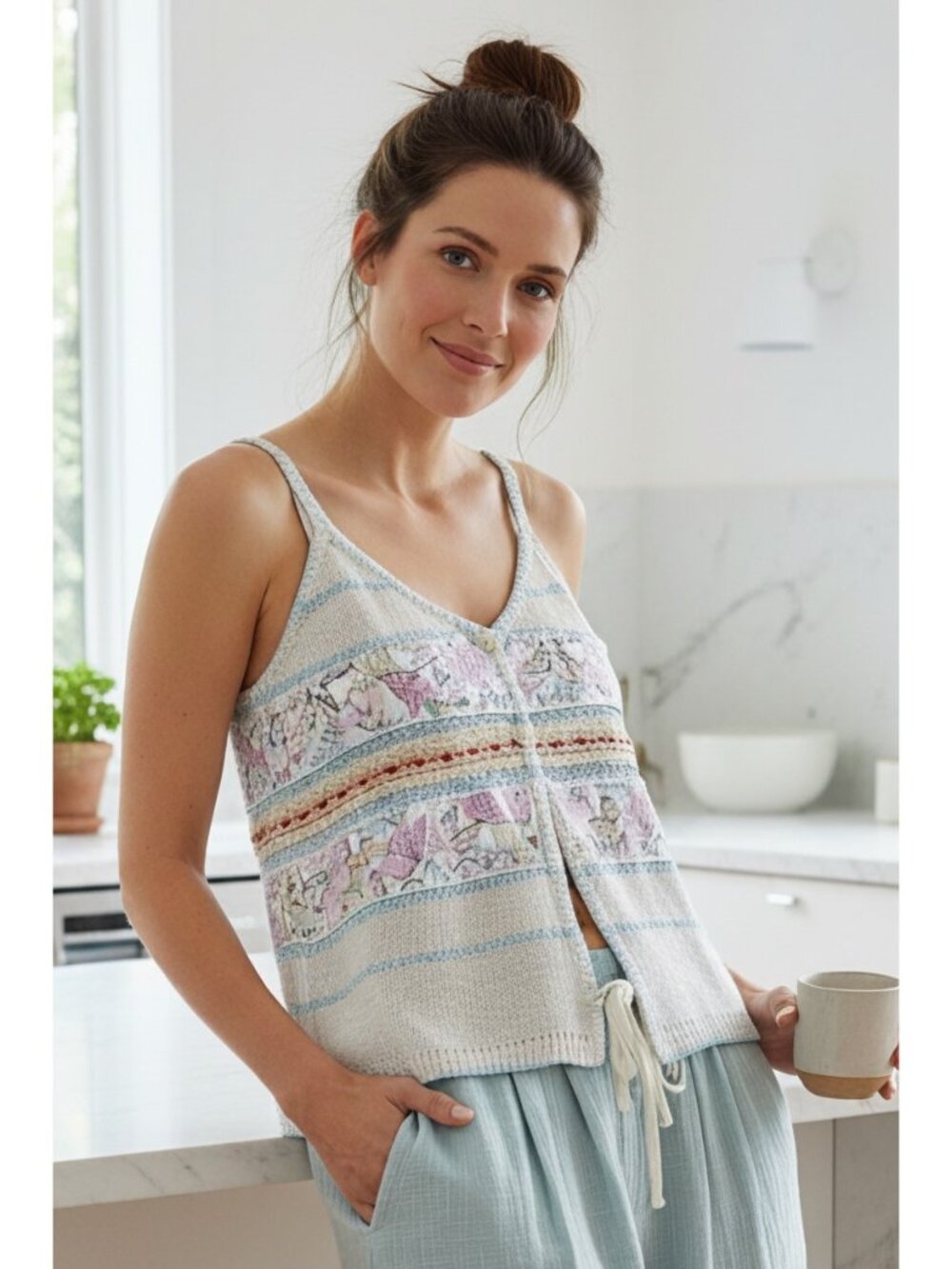 POL Granny Knit Retro Floral Patchwork Sleeveless Button Down Cami Top